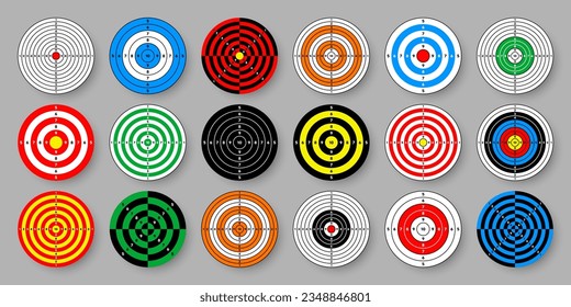 Shooting range paper targets. Round target with divisions, marks and numbers. Archery, gun shooting practise and training, sport competition and hunting. Bullseye and aim. Vector illustration