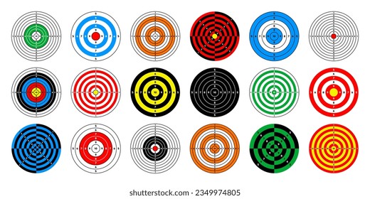 Shooting range paper targets. Round target with divisions, marks and numbers. Archery, gun shooting practise and training, sport competition and hunting. Bullseye and aim. Vector illustration