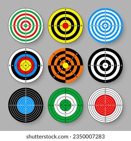 Shooting range paper targets. Round target with divisions, marks and numbers. Archery, gun shooting practise and training, sport competition and hunting. Bullseye and aim. Vector illustration