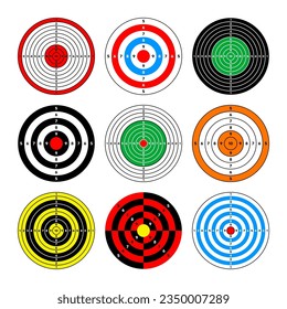 Disparo de objetivos de papel. Redondear destino con divisiones, marcas y números. Arco, tiro con arma de fuego y entrenamiento, competición deportiva y caza. Bullseye y apuntar. Ilustración del vector