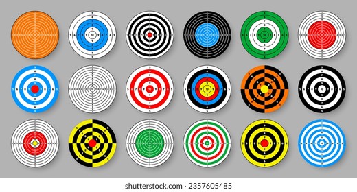 Disparo de objetivos de papel. Redondear destino con divisiones, marcas y números. Arco, tiro con arma de fuego y entrenamiento, competición deportiva y caza. Bullseye y apuntar. Ilustración del vector