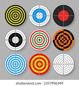 Shooting range paper targets. Round target with divisions, marks and numbers. Archery, gun shooting practise and training, sport competition and hunting. Bullseye and aim. Vector illustration
