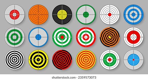 Anzeige von Zielvorgaben für Entfernungspapiere. Runde Zielscheibe mit Trennlinien, Zeichen und Zahlen. Bogenschießen, Schussübungen und Training, Sportwettkämpfe und Jagd. Bullseye und Ziel. Vektorgrafik
