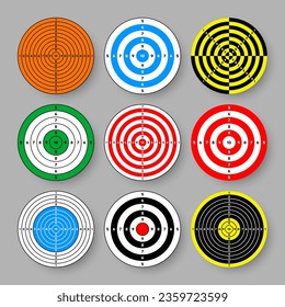 Shooting range paper targets. Round target with divisions, marks and numbers. Archery, gun shooting practise and training, sport competition and hunting. Bullseye and aim. Vector illustration
