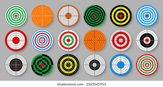 Shooting range paper targets. Round target with divisions, marks and numbers. Archery, gun shooting practise and training, sport competition and hunting. Bullseye and aim. Vector illustration