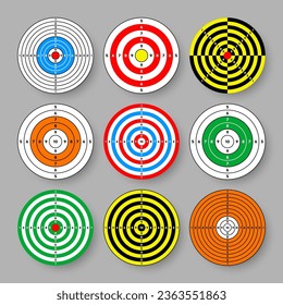 Shooting range paper targets. Round target with divisions, marks and numbers. Archery, gun shooting practise and training, sport competition and hunting. Bullseye and aim. Vector illustration