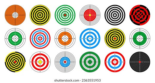 Shooting range paper targets. Round target with divisions, marks and numbers. Archery, gun shooting practise and training, sport competition and hunting. Bullseye and aim. Vector illustration