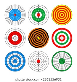 Disparo de objetivos de papel. Redondear destino con divisiones, marcas y números. Arco, tiro con arma de fuego y entrenamiento, competición deportiva y caza. Bullseye y apuntar. Ilustración del vector