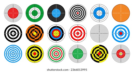 Shooting range paper targets. Round target with divisions, marks and numbers. Archery, gun shooting practise and training, sport competition and hunting. Bullseye and aim. Vector illustration