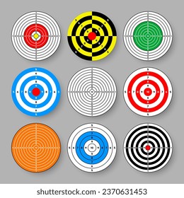 Disparo de objetivos de papel. Redondear destino con divisiones, marcas y números. Arco, tiro con arma de fuego y entrenamiento, competición deportiva y caza. Bullseye y apuntar. Ilustración del vector