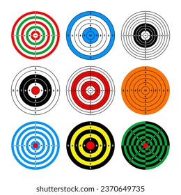 Shooting range paper targets. Round target with divisions, marks and numbers. Archery, gun shooting practise and training, sport competition and hunting. Bullseye and aim. Vector illustration