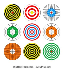 Shooting range paper targets. Round target with divisions, marks and numbers. Archery, gun shooting practise and training, sport competition and hunting. Bullseye and aim. Vector illustration