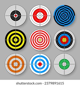 Disparo de objetivos de papel. Redondear destino con divisiones, marcas y números. Arco, tiro con arma de fuego y entrenamiento, competición deportiva y caza. Bullseye y apuntar. Ilustración del vector