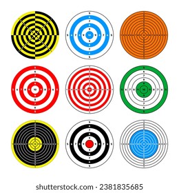 Disparo de objetivos de papel. Redondear destino con divisiones, marcas y números. Arco, tiro con arma de fuego y entrenamiento, competición deportiva y caza. Bullseye y apuntar. Ilustración del vector