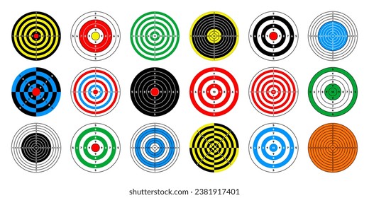 Disparo de objetivos de papel. Redondear destino con divisiones, marcas y números. Arco, tiro con arma de fuego y entrenamiento, competición deportiva y caza. Bullseye y apuntar. Ilustración del vector