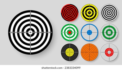Shooting range paper targets. Round target with divisions, marks and numbers. Archery, gun shooting practise and training, sport competition and hunting. Bullseye and aim. Vector illustration