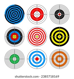 Shooting range paper targets. Round target with divisions, marks and numbers. Archery, gun shooting practise and training, sport competition and hunting. Bullseye and aim. Vector illustration