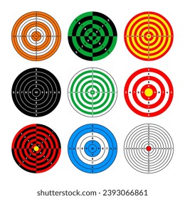 Shooting range paper targets. Round target with divisions, marks and numbers. Archery, gun shooting practise and training, sport competition and hunting. Bullseye and aim. Vector illustration