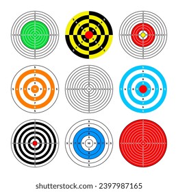 Shooting range paper targets. Round target with divisions, marks and numbers. Archery, gun shooting practise and training, sport competition and hunting. Bullseye and aim. Vector illustration