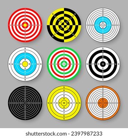 Disparo de objetivos de papel. Redondear destino con divisiones, marcas y números. Arco, tiro con arma de fuego y entrenamiento, competición deportiva y caza. Bullseye y apuntar. Ilustración del vector