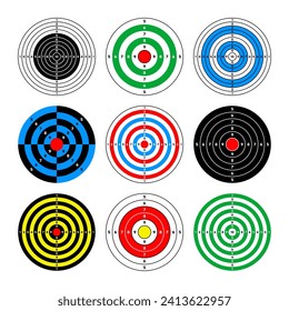 Disparo de objetivos de papel. Redondear destino con divisiones, marcas y números. Arco, tiro con arma de fuego y entrenamiento, competición deportiva y caza. Bullseye y apuntar. Ilustración del vector