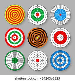 Anzeige von Zielvorgaben für Entfernungspapiere. Runde Zielscheibe mit Trennlinien, Zeichen und Zahlen. Bogenschießen, Schussübungen und Training, Sportwettkämpfe und Jagd. Bullseye und Ziel. Vektorgrafik