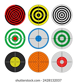 Shooting range paper targets. Round target with divisions, marks and numbers. Archery, gun shooting practise and training, sport competition and hunting. Bullseye and aim. Vector illustration