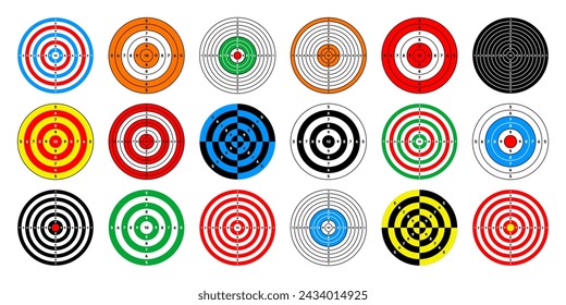 Objetivos de papel de rango de tiro. Redondea el objetivo con divisiones, marcas y números. Tiro con arco, práctica y entrenamiento de tiro con pistola, competición deportiva y caza. Ojo de bala y puntería. Ilustración de vector