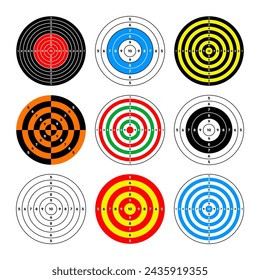 Shooting range paper targets. Round target with divisions, marks and numbers. Archery, gun shooting practise and training, sport competition and hunting. Bullseye and aim. Vector illustration