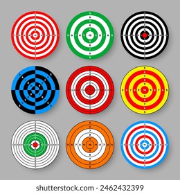 Objetivos de papel de rango de tiro. Redondea el objetivo con divisiones, marcas y números. Tiro con arco, práctica y entrenamiento de tiro con pistola, competición deportiva y caza. Ojo de bala y puntería. Ilustración vectorial