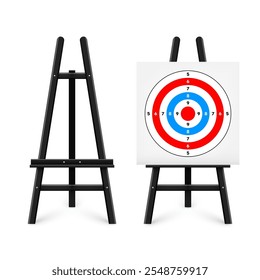 Schießstand Ziel auf einem hölzernen Staffelei. Papierziel mit Teilungen, Markierungen und Zahlen. Bogenschießen, Schießen und Training, Sportwettbewerb, Jagd. Bullseye und Ziel. Vektorgrafik