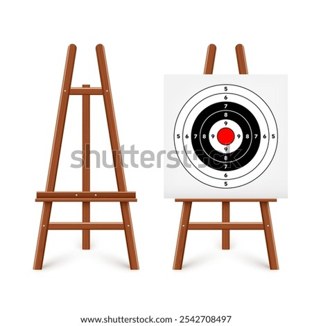 Shooting range target on a wooden easel stand. Paper target with divisions, marks and numbers. Archery, gun shooting and training, sport competition, hunting. Bullseye and aim. Vector illustration