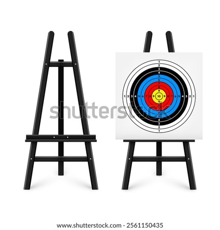 Shooting range target on a wooden easel stand. Paper target with divisions, marks and numbers. Archery, gun shooting and training, sport competition, hunting. Bullseye and aim. Vector illustration