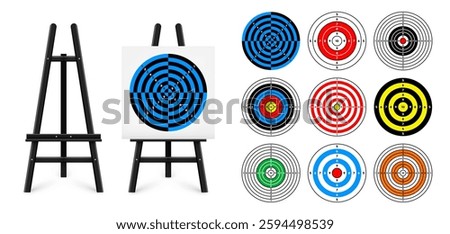 Shooting range target on a wooden easel stand. Paper target with divisions, marks and numbers. Archery, gun shooting and training, sport competition, hunting. Bullseye and aim. Vector illustration