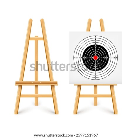 Shooting range target on a wooden easel stand. Paper target with divisions, marks and numbers. Archery, gun shooting and training, sport competition, hunting. Bullseye and aim. Vector illustration