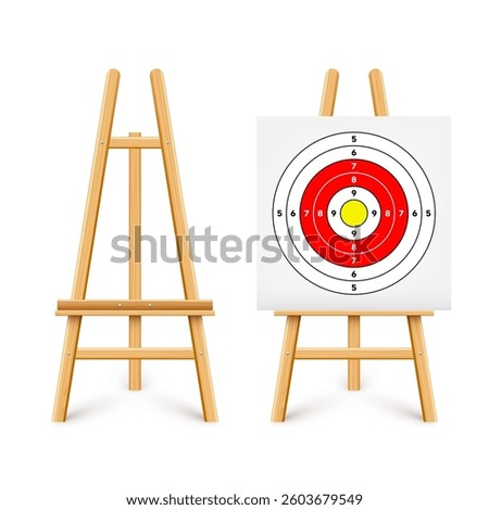 Shooting range target on a wooden easel stand. Paper target with divisions, marks and numbers. Archery, gun shooting and training, sport competition, hunting. Bullseye and aim. Vector illustration