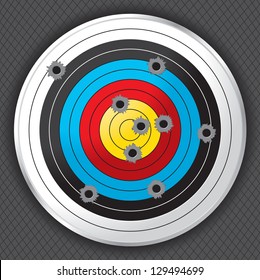 Shooting range target shot full of bullet holes. Bullet holes, target and background are layered for easy separation.