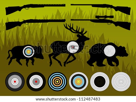 Shooting range wild boar, deer and bear hunting targets silhouettes and guns illustration collection background vector