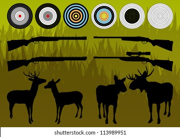 Shooting range wild deer, elk and moose silhouettes and guns illustration collection background vector
