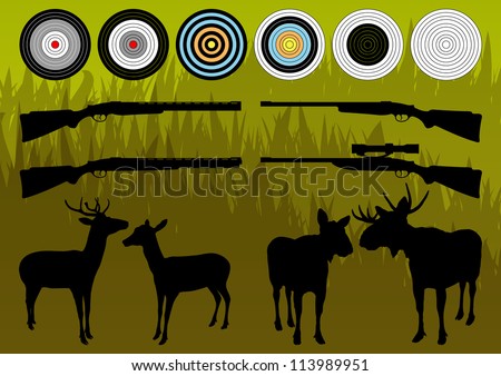 Shooting range wild deer, elk and moose silhouettes and guns illustration collection background vector