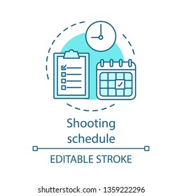 Shooting schedule concept icon. Video pre production idea thin line illustration. Movie production scheduling. Film shot planning. Time management. Vector isolated outline drawing. Editable stroke