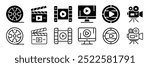 Shooting set icon. Film shooting, film player, 1 to 10, projector, camera, seconds, old film, video, slideshow. Movie concept. Vector line icon for Business and Advertising