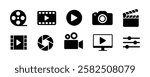 Shooting set icon. Film shooting, film player, projector, camera, seconds, old film, video, slideshow. Movie concept. vector illustration
