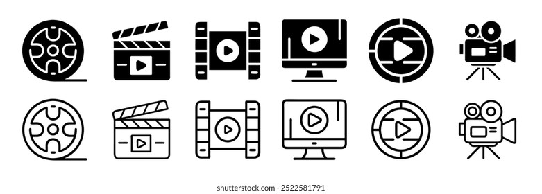 Shooting-Set-Symbol. Filmaufnahme, Filmabspieler, 1 bis 10, Projektor, Kamera, Sekunden, alter Film, Video, Diashow. Filmkonzept. Vektorliniensymbol für Unternehmen und Werbung