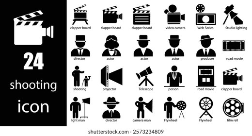 Shooting set icon. Film shooting, film player, 1 to 10, projector, camera, seconds, old film, video, slideshow. Movie concept. Vector line icon for Business and Advertising