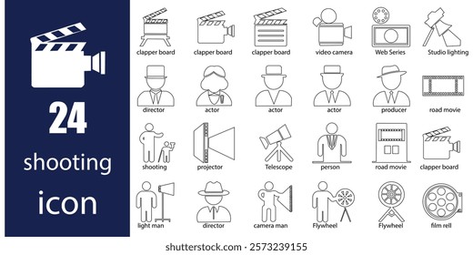 Shooting set icon. Film shooting, film player, 1 to 10, projector, camera, seconds, old film, video, slideshow. Movie concept. Vector line icon for Business and Advertising