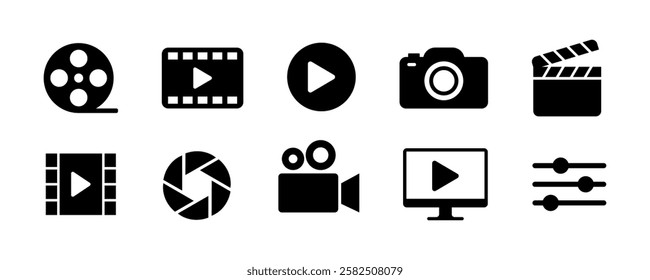 Shooting set icon. Film shooting, film player, projector, camera, seconds, old film, video, slideshow. Movie concept. vector illustration