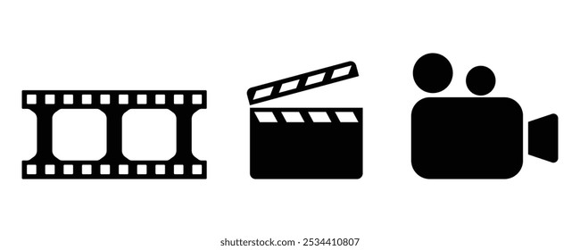 Shooting set icon. video icon with a shooting set. a film shooting icon, a camera icon, an old film and a clapboard symbol for an app, a website.