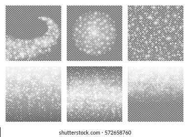 Shooting shining star with Elegant Trail - Meteoroid, Comet, Asteroid, Stars. Abstract Star burst. Falling snowflakes. Glitter snow line. Confetti. Isolated on transparent background. Vector set.