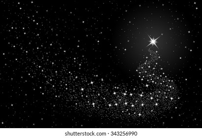 Shooting silver star with twinkling star trail on black background, vector